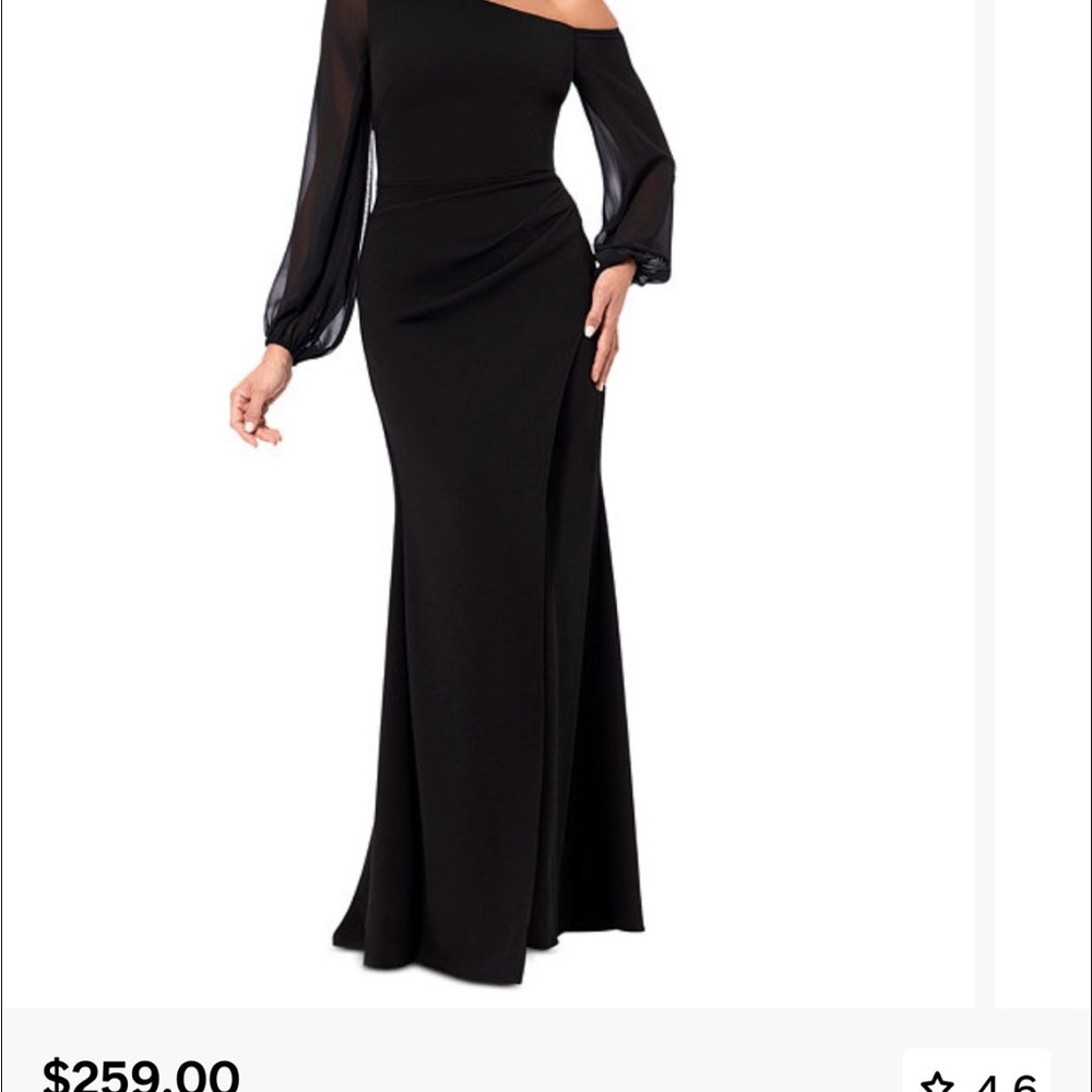 Betsy & Adam Black One-Shoulder Bishop Sleeve Gown